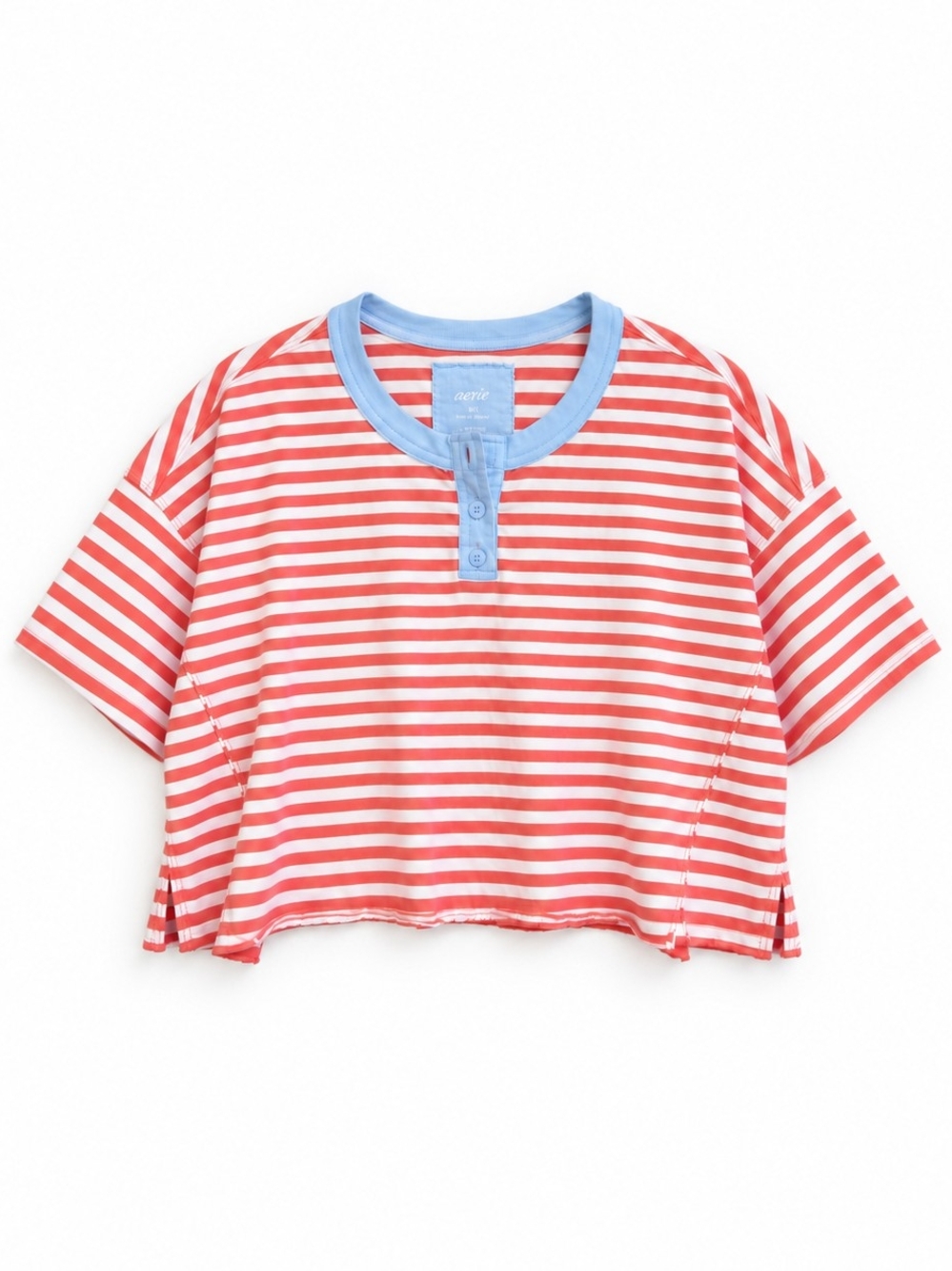 Aerie M/L Coral Striped Cropped Henley Tee 100% Cotton Blue Trim